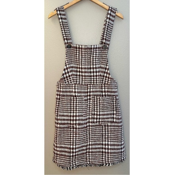 NWT Tea N Rose Brown and White Overall Houndstooth Pinafore Dress Raw Hem - Picture 3 of 12